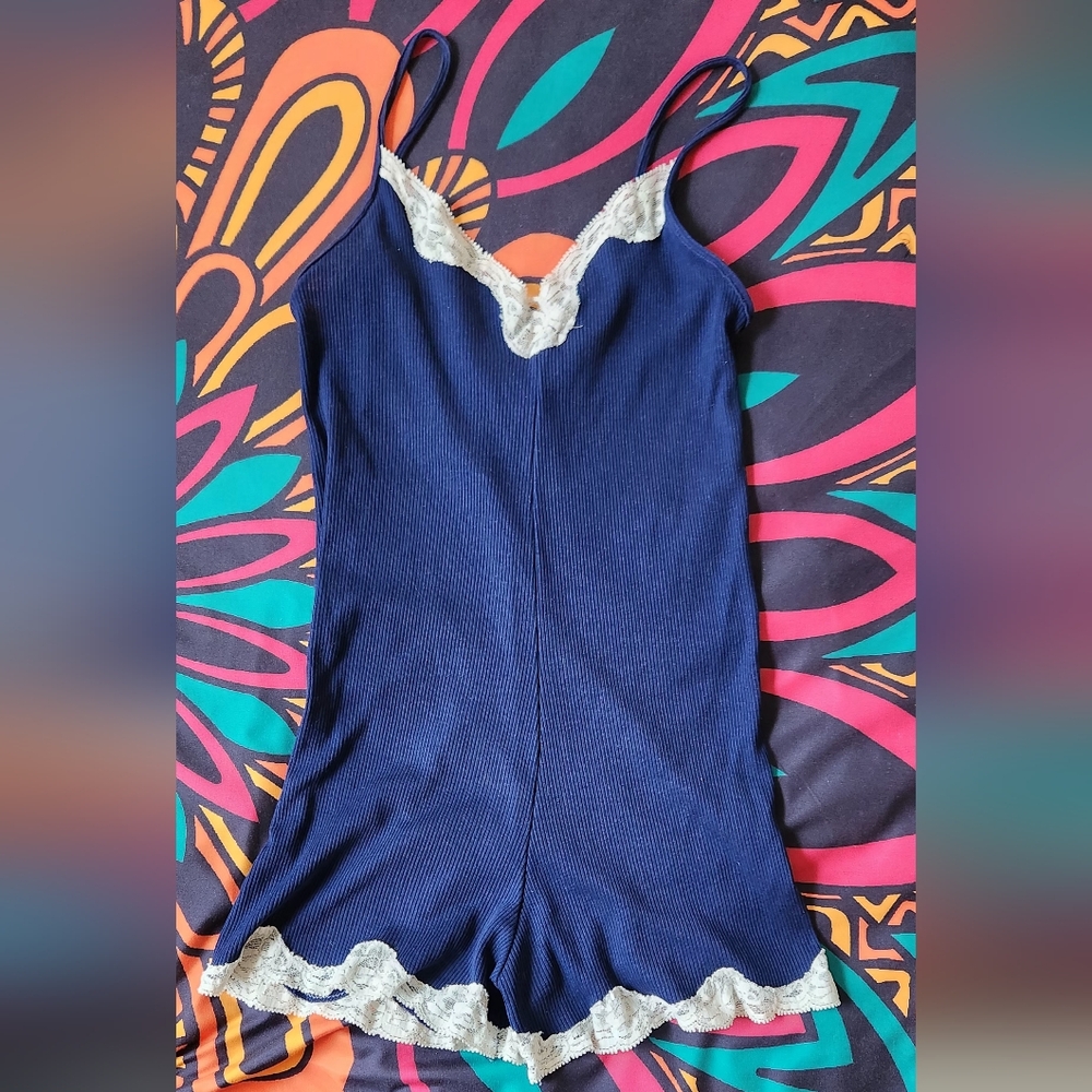Navy Blue Ribbed Sleep Onsie - Picture 2 of 3
